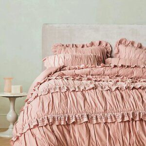 ANTHROPOLOGIE KING NIB ASTRIDE RUFFLED VOILE EYELET QUILT BLUSH COTTON ORIG $328